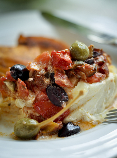 Greek-style Baked Fish with Feta, olives, and Capers