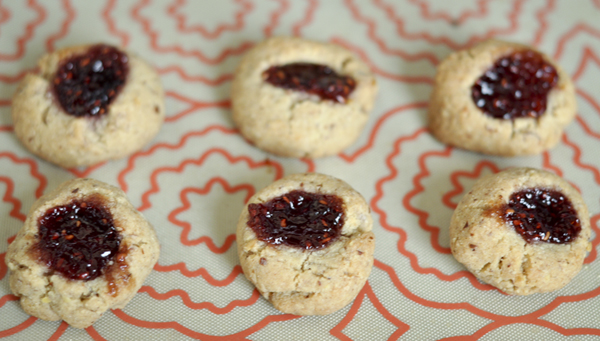 Raspberry Thumbprints on cookie sheet